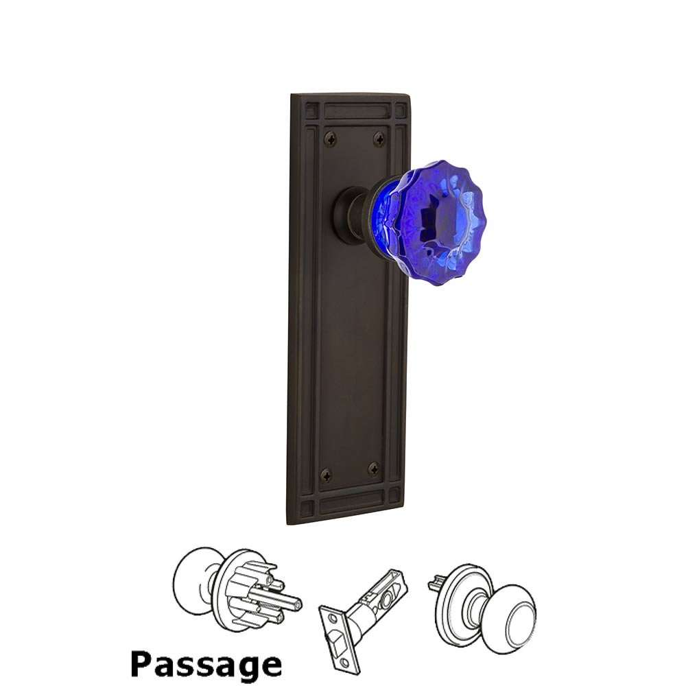 Nostalgic Warehouse - Passage - Mission Plate Crystal Cobalt Glass Door Knob in Oil-Rubbed Bronze