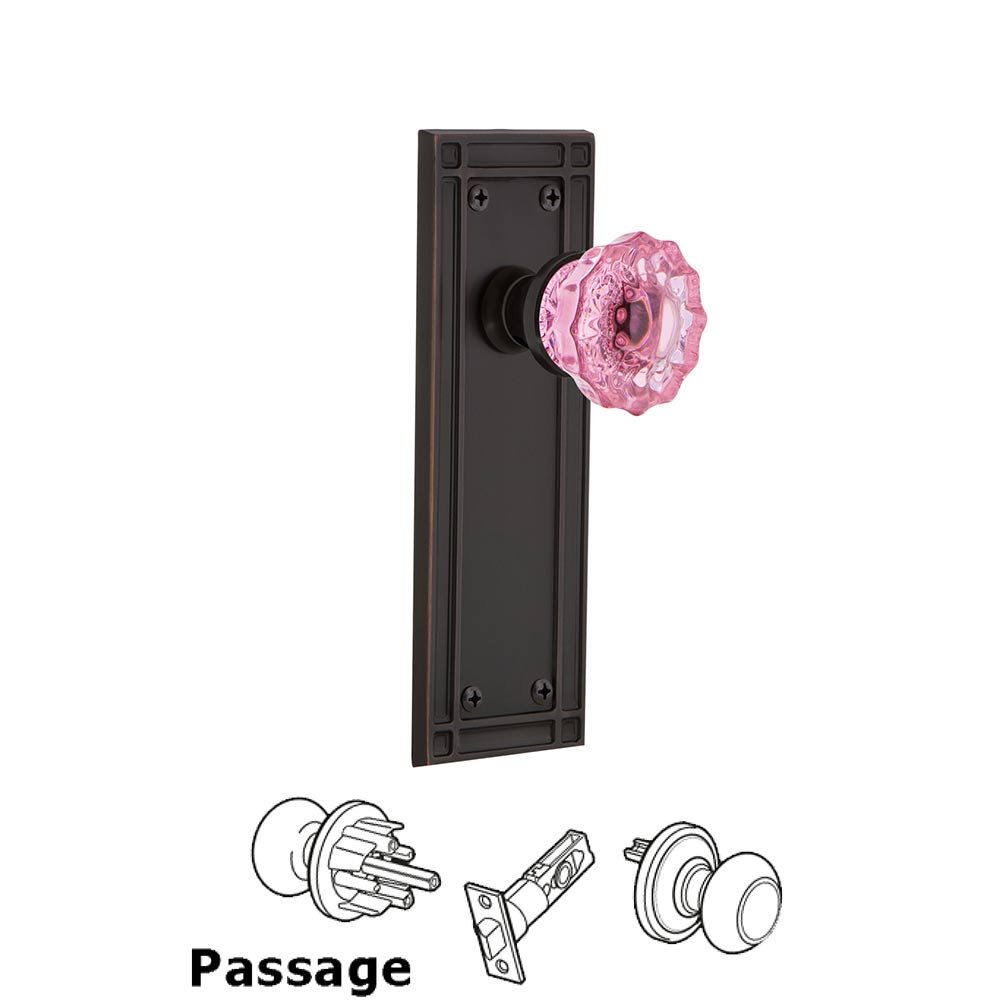 Nostalgic Warehouse - Passage - Mission Plate Crystal Pink Glass Door Knob in Timeless Bronze