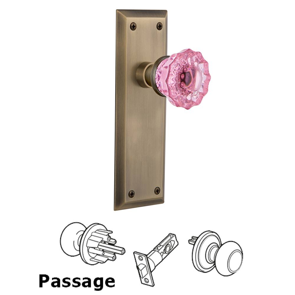Nostalgic Warehouse - Passage - New York Plate Crystal Pink Glass Door Knob in Antique Brass
