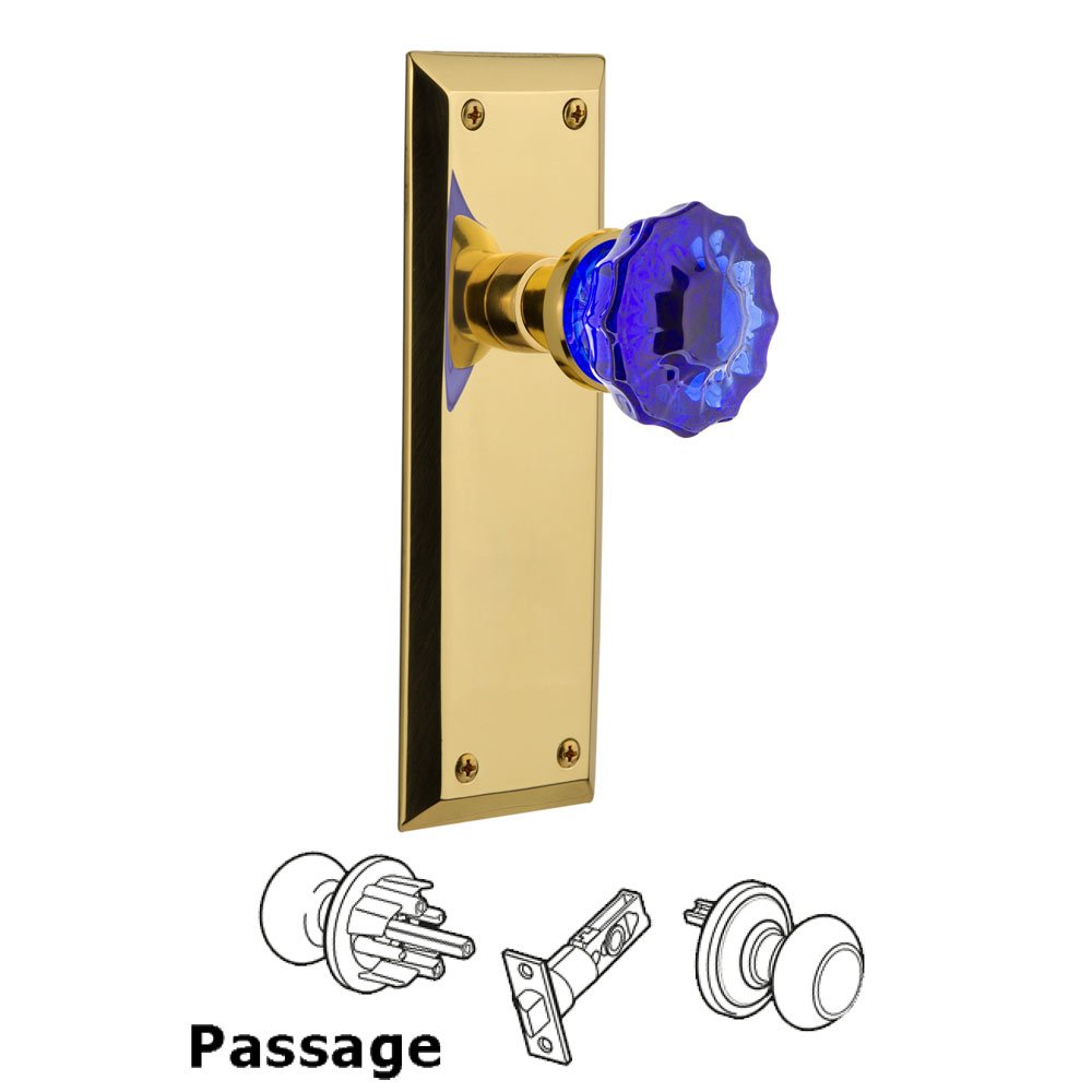 Nostalgic Warehouse - Passage - New York Plate Crystal Cobalt Glass Door Knob in Polished Brass