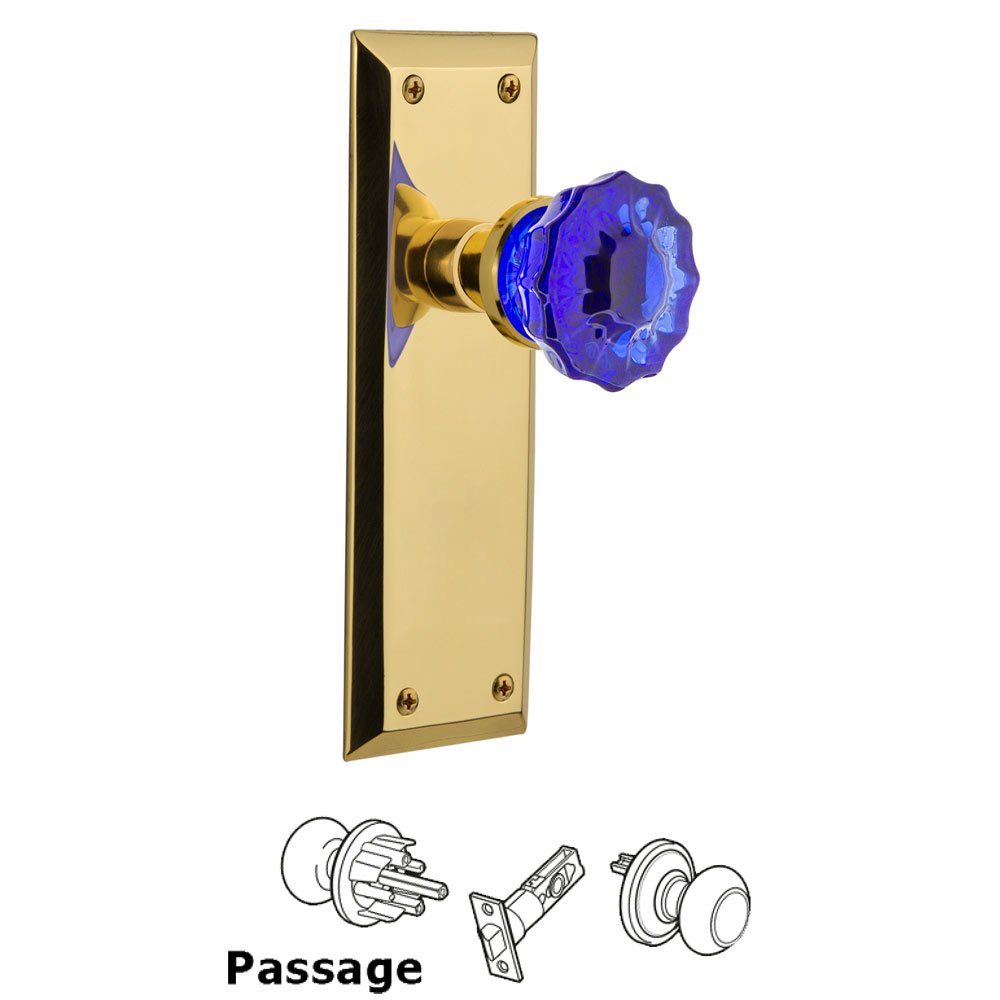 Nostalgic Warehouse - Passage - New York Plate Crystal Cobalt Glass Door Knob in Polished Brass
