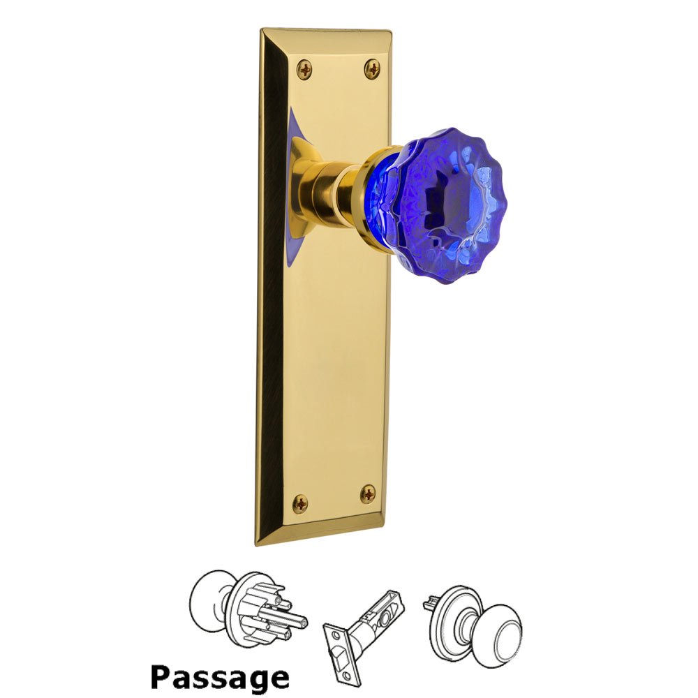 Nostalgic Warehouse - Passage - New York Plate Crystal Cobalt Glass Door Knob in Unlaquered Brass