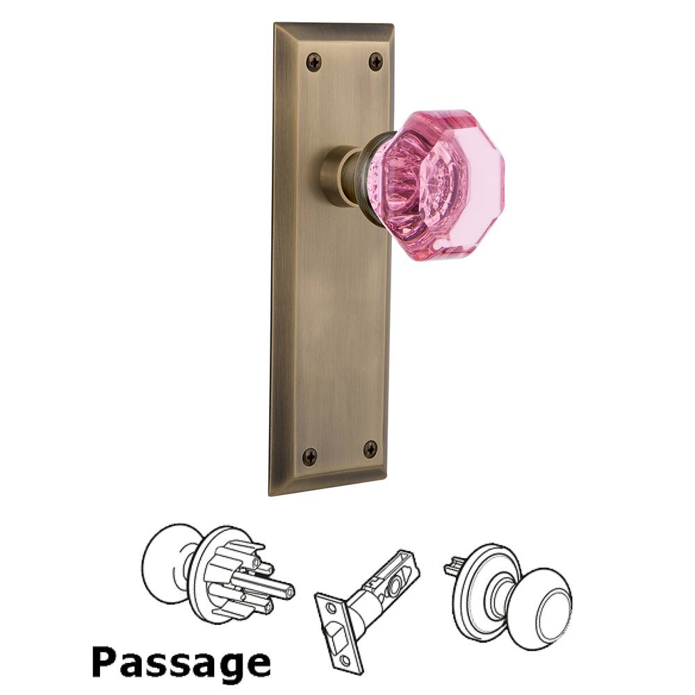 Nostalgic Warehouse - Passage - New York Plate Waldorf Pink Door Knob in Antique Brass