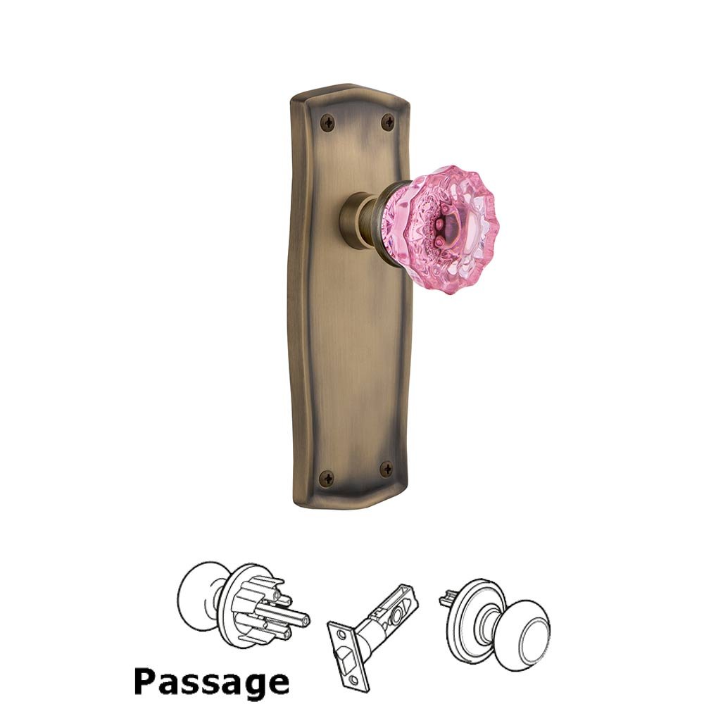 Nostalgic Warehouse - Passage - Prairie Plate Crystal Pink Glass Door Knob in Antique Brass