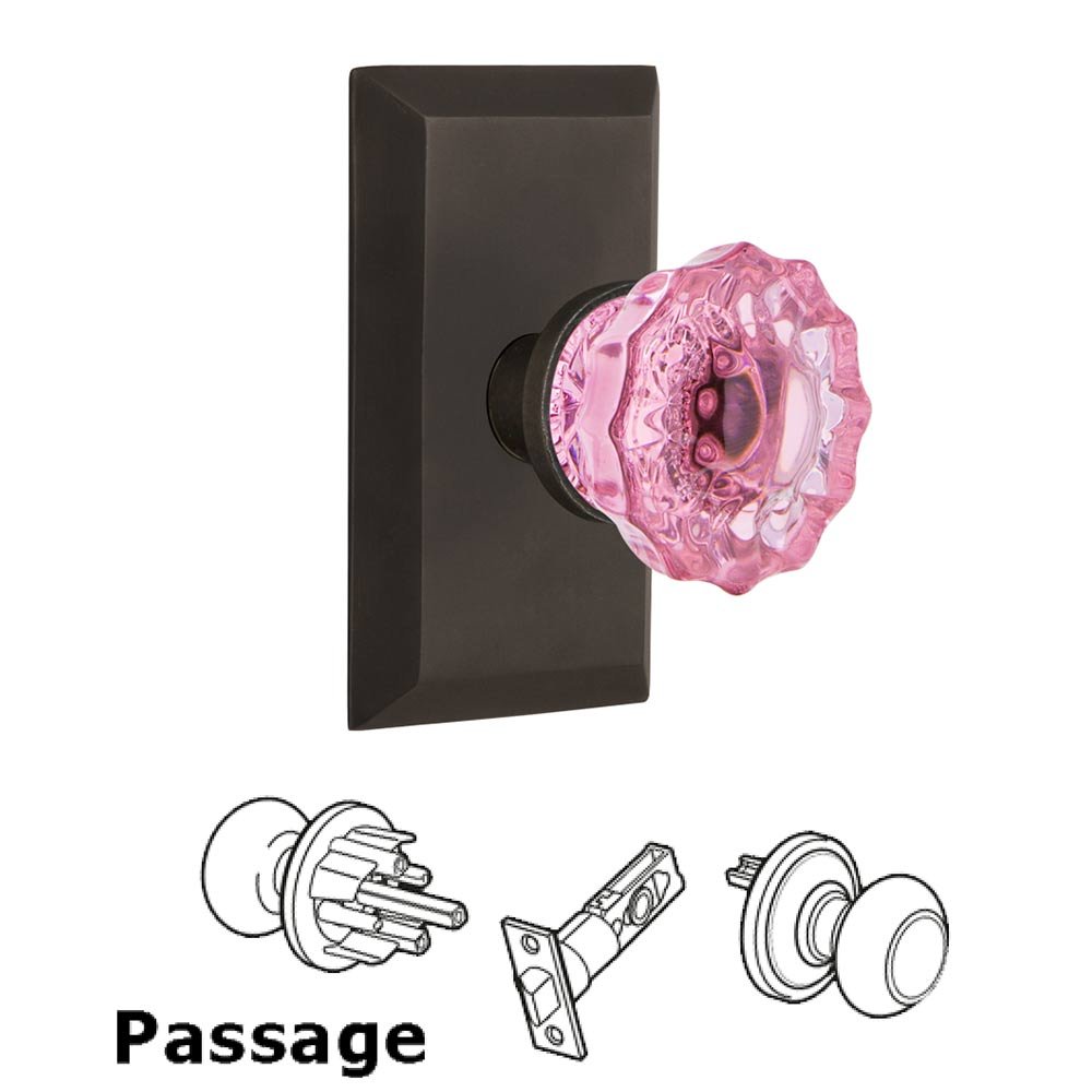 Nostalgic Warehouse - Passage - Studio Plate Crystal Pink Glass Door Knob in Oil-Rubbed Bronze