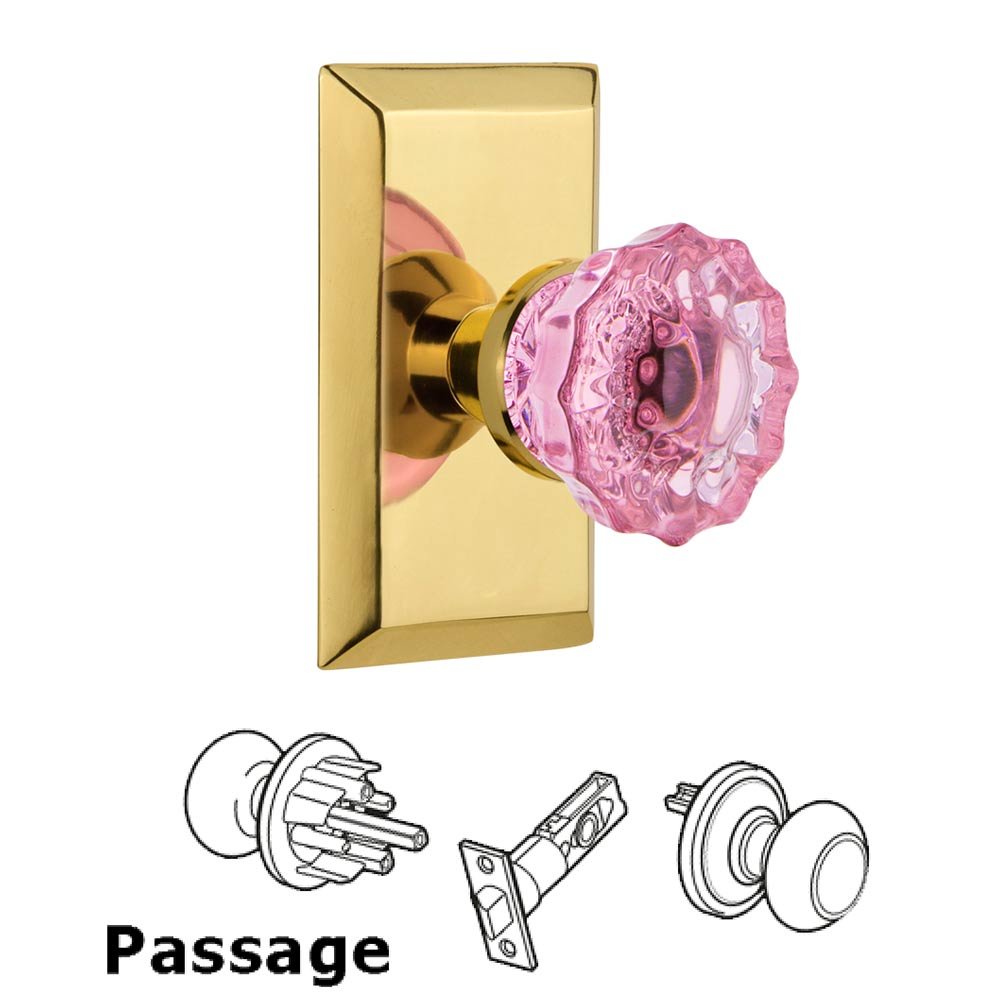 Nostalgic Warehouse - Passage - Studio Plate Crystal Pink Glass Door Knob in Polished Brass