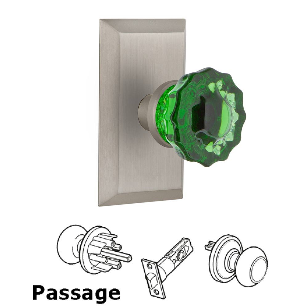 Nostalgic Warehouse - Passage - Studio Plate Crystal Emerald Glass Door Knob in Satin Nickel