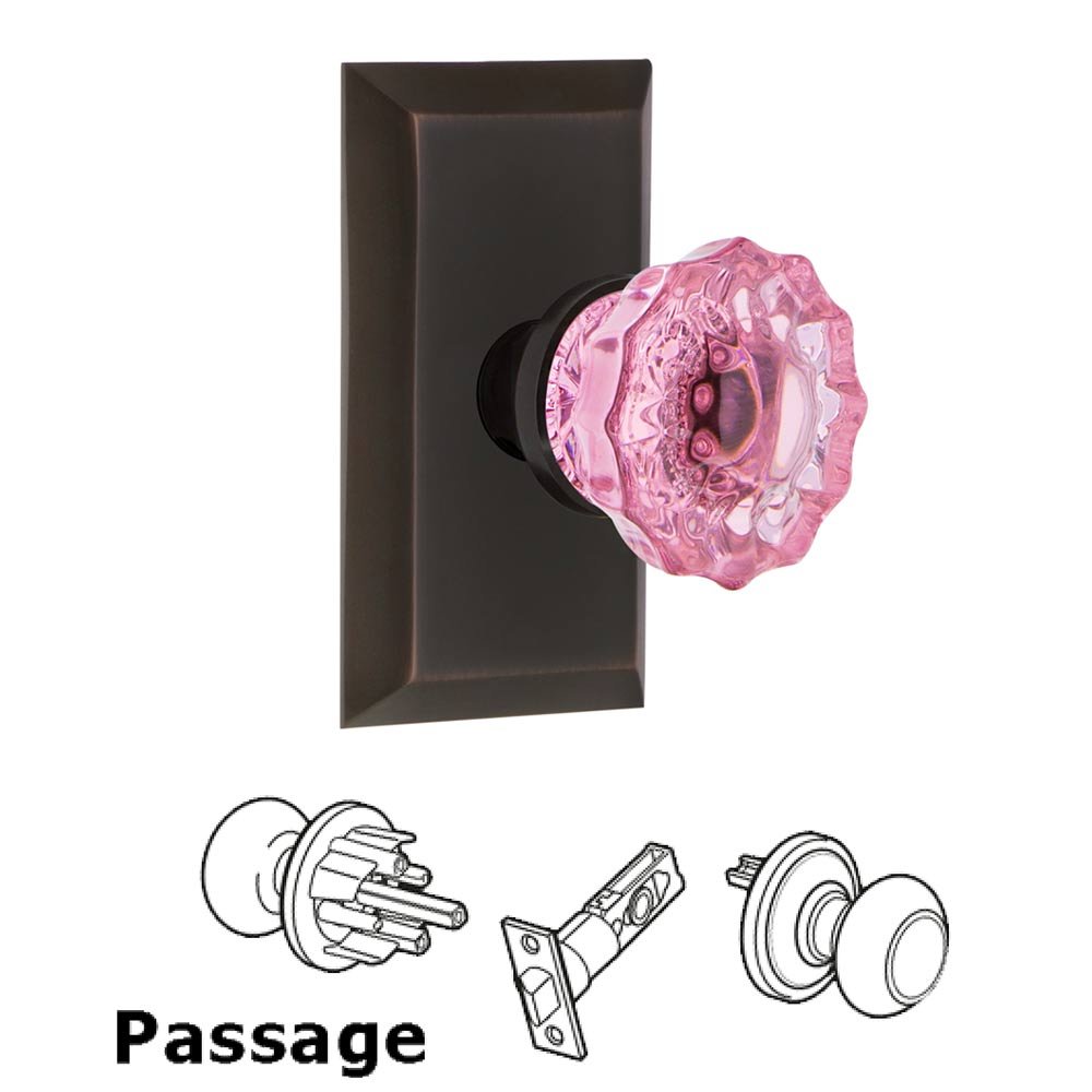 Nostalgic Warehouse - Passage - Studio Plate Crystal Pink Glass Door Knob in Timeless Bronze