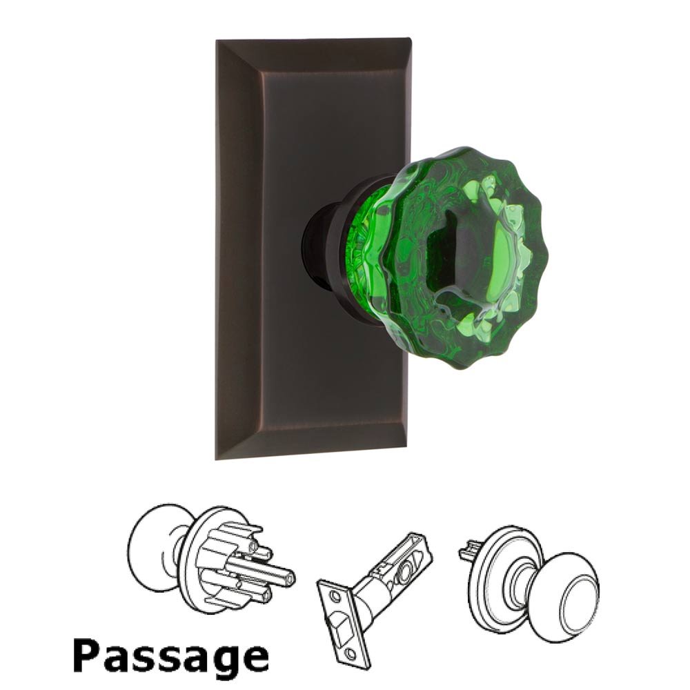 Nostalgic Warehouse - Passage - Studio Plate Crystal Emerald Glass Door Knob in Timeless Bronze