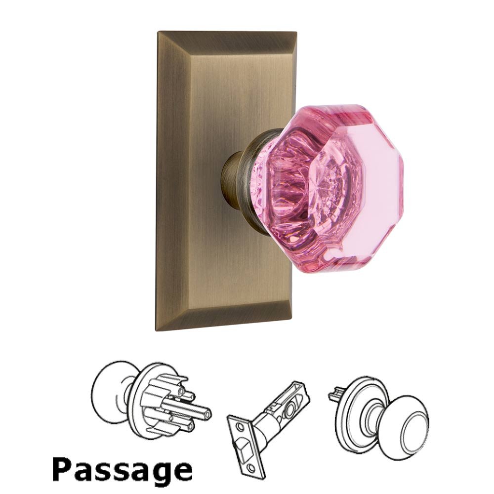 Nostalgic Warehouse - Passage - Studio Plate Waldorf Pink Door Knob in Antique Brass