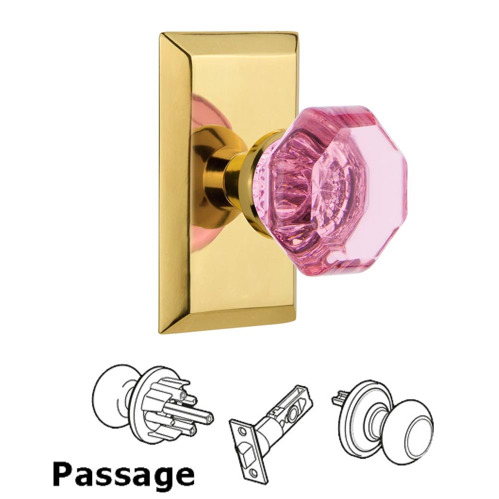 Nostalgic Warehouse - Passage - Studio Plate Waldorf Pink Door Knob in Polished Brass