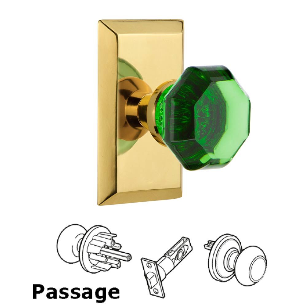 Nostalgic Warehouse - Passage - Studio Plate Waldorf Emerald Door Knob in Polished Brass