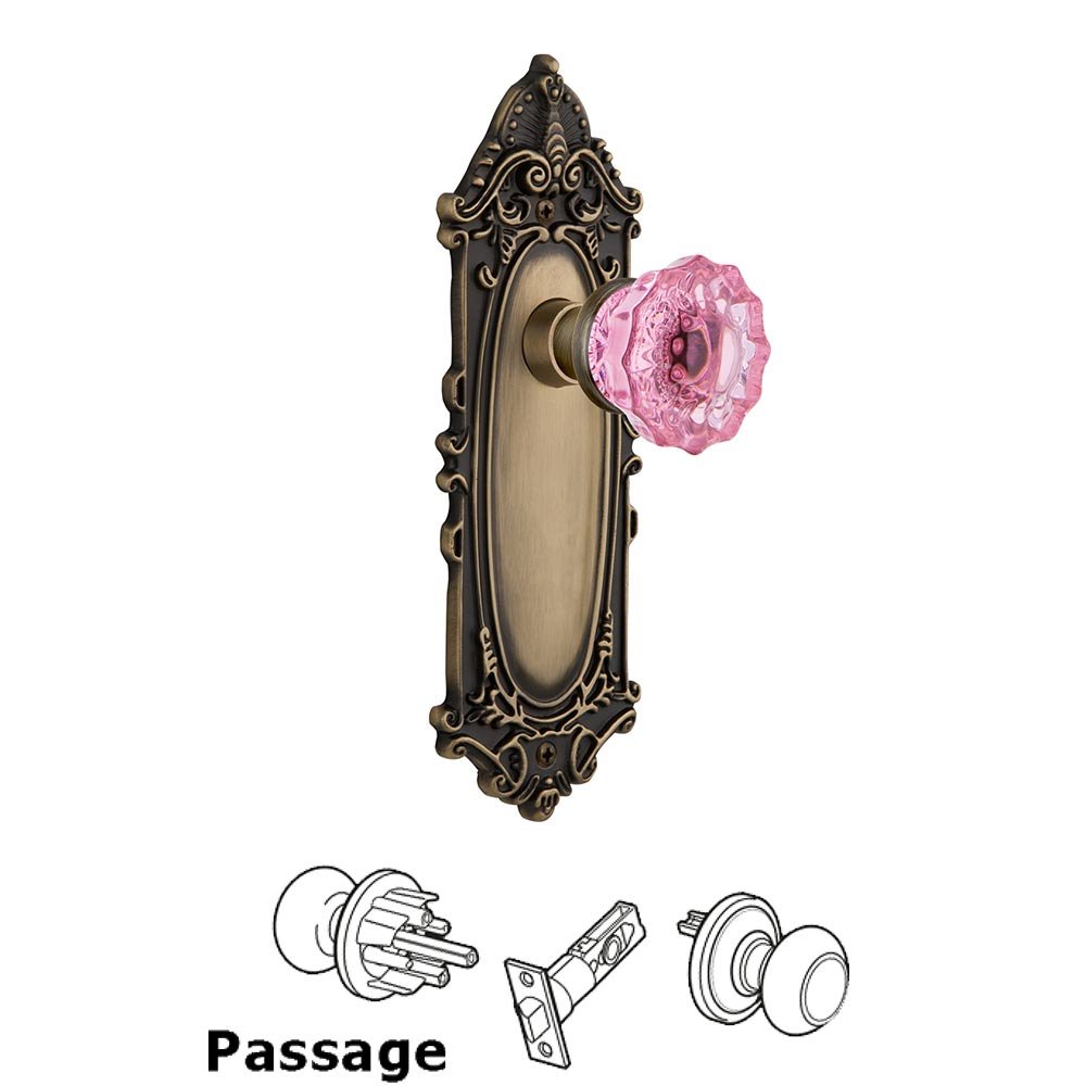 Nostalgic Warehouse - Passage - Victorian Plate Crystal Pink Glass Door Knob in Antique Brass
