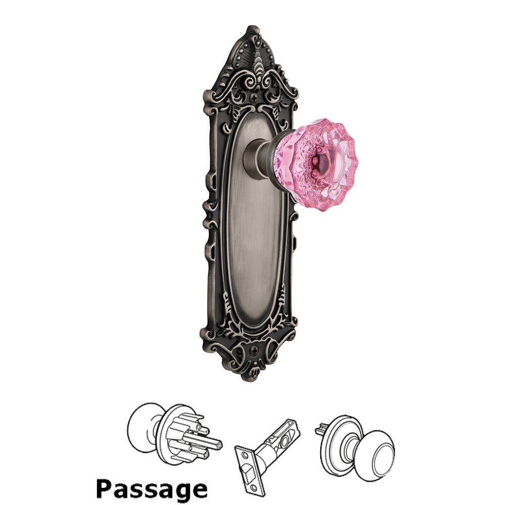 Nostalgic Warehouse - Passage - Victorian Plate Crystal Pink Glass Door Knob in Antique Pewter