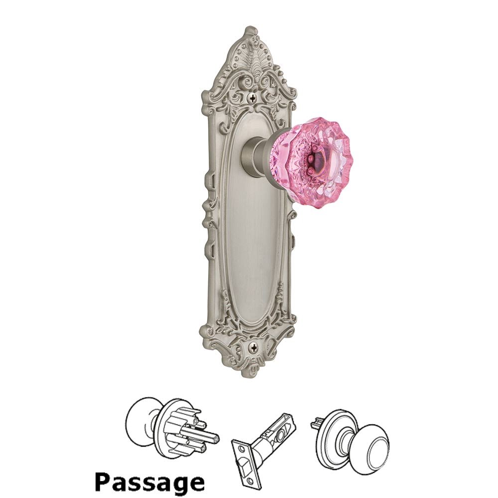 Nostalgic Warehouse - Passage - Victorian Plate Crystal Pink Glass Door Knob in Satin Nickel