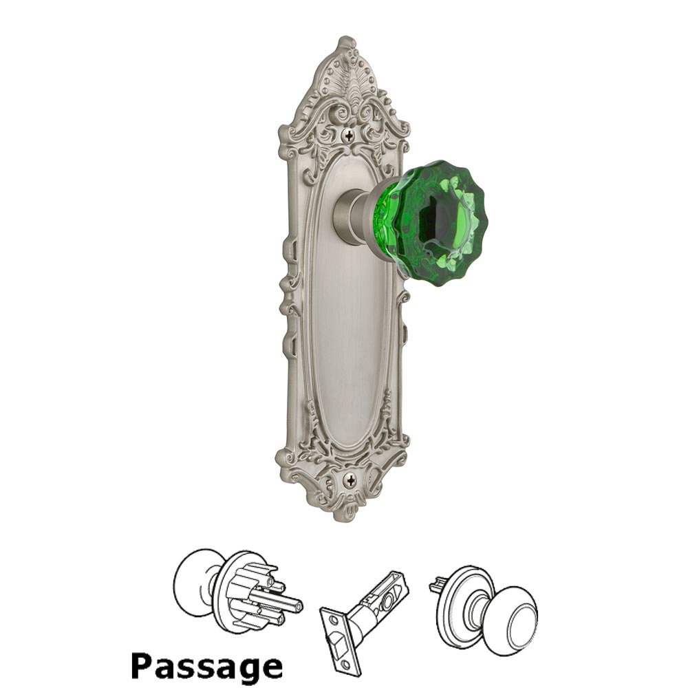 Nostalgic Warehouse - Passage - Victorian Plate Crystal Emerald Glass Door Knob in Satin Nickel