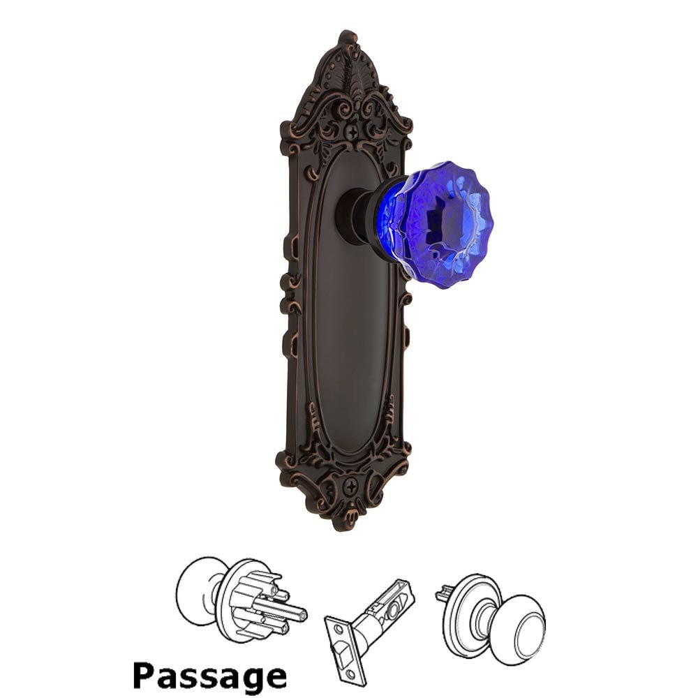 Nostalgic Warehouse - Passage - Victorian Plate Crystal Cobalt Glass Door Knob in Timeless Bronze