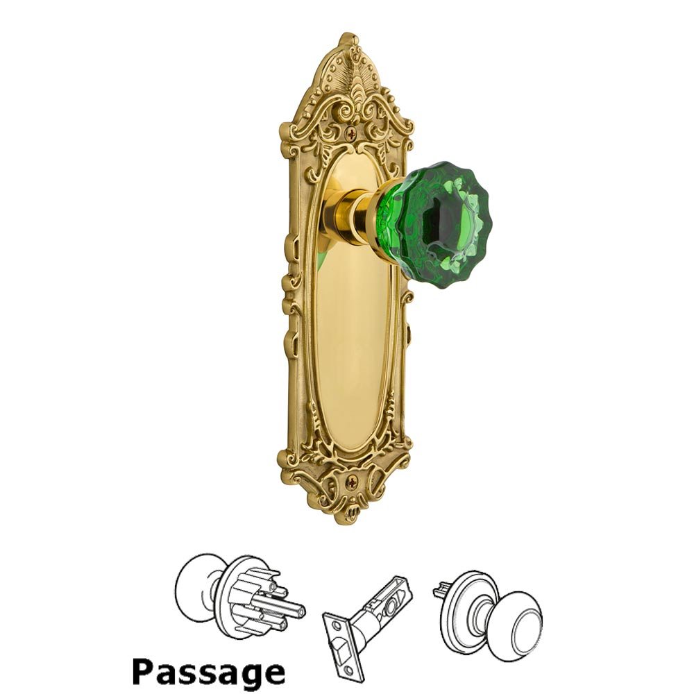 Nostalgic Warehouse - Passage - Victorian Plate Crystal Emerald Glass Door Knob in Unlaquered Brass