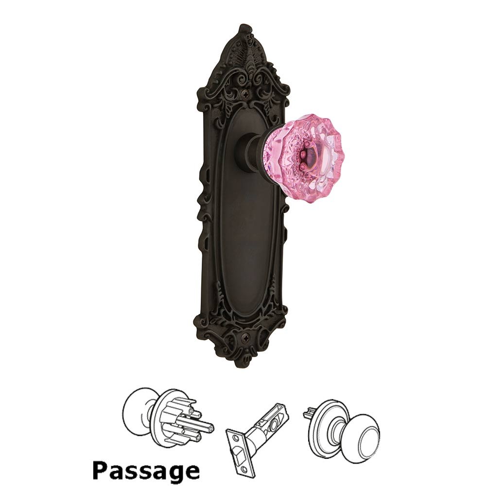 Nostalgic Warehouse - Passage - Victorian Plate Crystal Pink Glass Door Knob in Oil-Rubbed Bronze