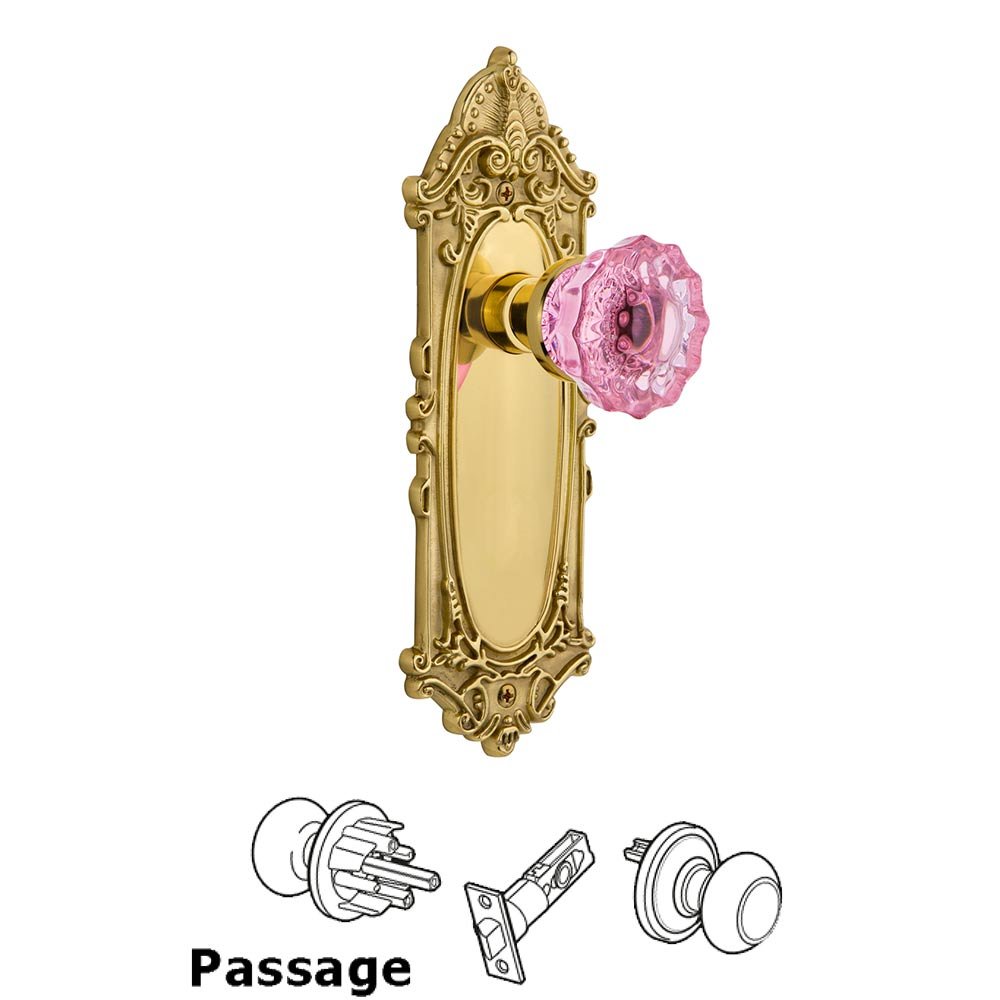 Nostalgic Warehouse - Passage - Victorian Plate Crystal Pink Glass Door Knob in Unlaquered Brass