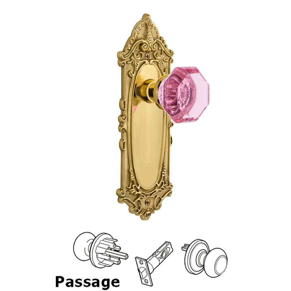 Nostalgic Warehouse - Passage - Victorian Plate Waldorf Pink Door Knob in Polished Brass
