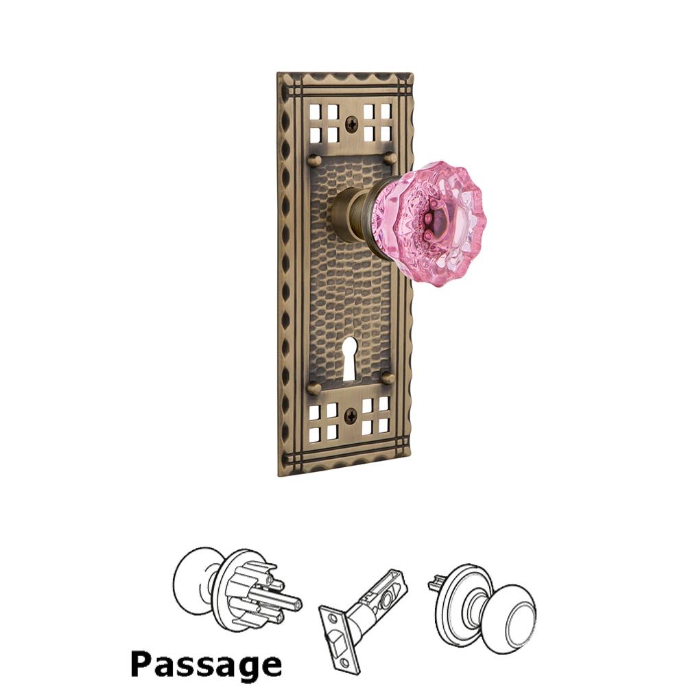 Nostalgic Warehouse - Passage - Craftsman Plate with Keyhole Crystal Pink Glass Door Knob in Antique Brass