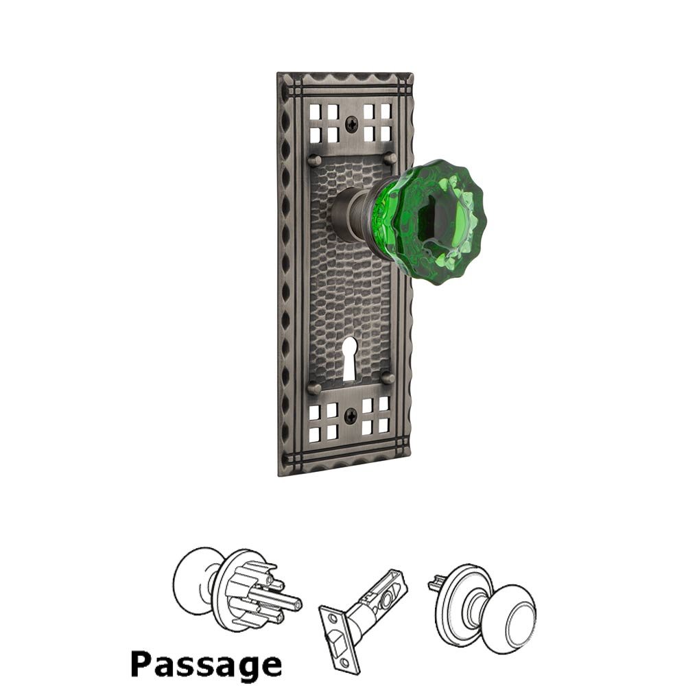 Nostalgic Warehouse - Passage - Craftsman Plate with Keyhole Crystal Emerald Glass Door Knob in Antique Pewter
