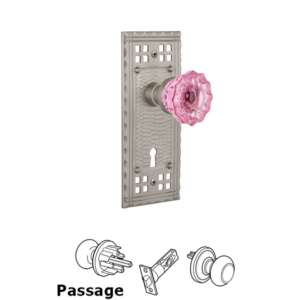 Nostalgic Warehouse - Passage - Craftsman Plate with Keyhole Crystal Pink Glass Door Knob in Satin Nickel