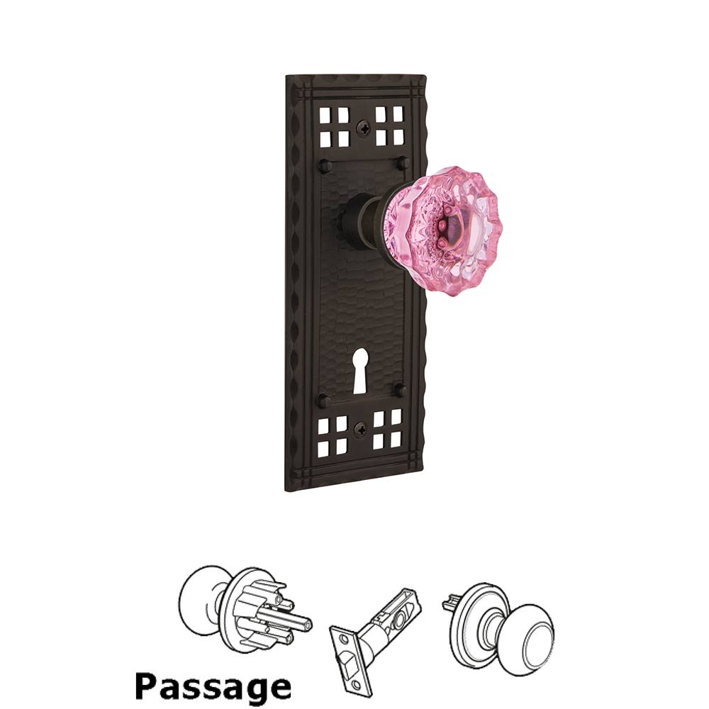 Nostalgic Warehouse - Passage - Craftsman Plate with Keyhole Crystal Pink Glass Door Knob in Oil-Rubbed Bronze