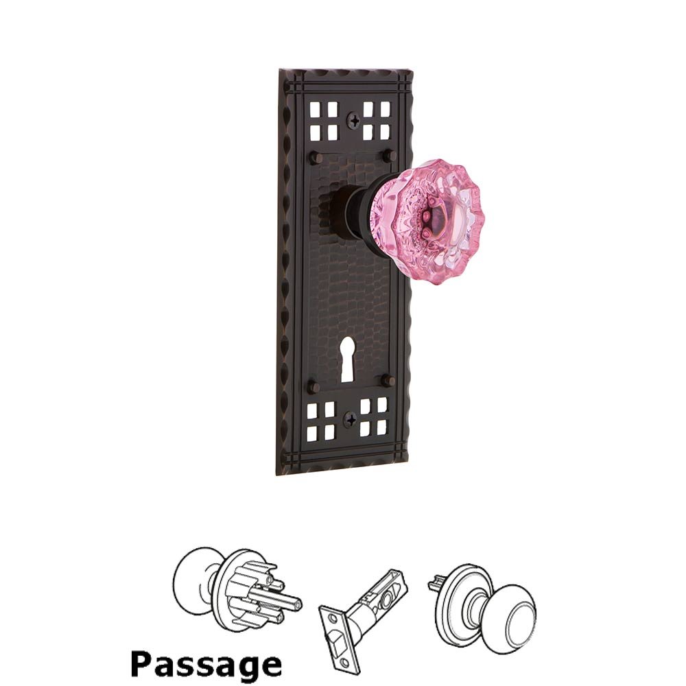 Nostalgic Warehouse - Passage - Craftsman Plate with Keyhole Crystal Pink Glass Door Knob in Timeless Bronze