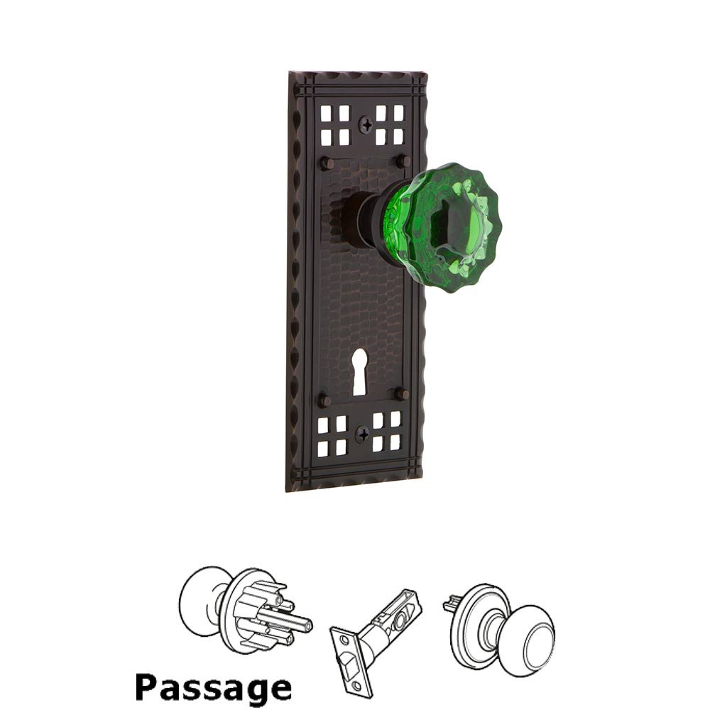 Nostalgic Warehouse - Passage - Craftsman Plate with Keyhole Crystal Emerald Glass Door Knob in Timeless Bronze