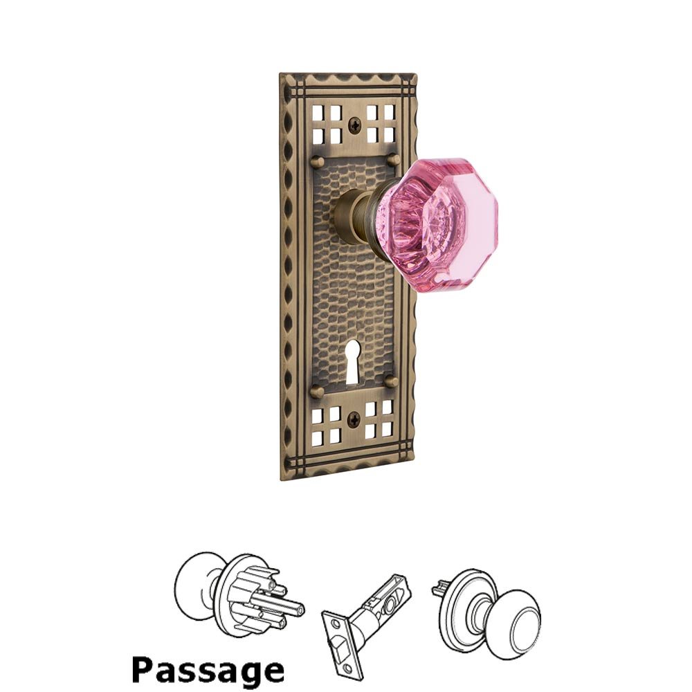Nostalgic Warehouse - Passage - Craftsman Plate with Keyhole Waldorf Pink Door Knob in Antique Brass