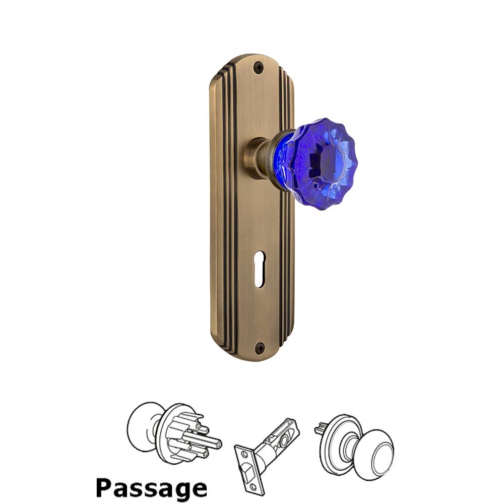 Nostalgic Warehouse - Passage - Deco Plate with Keyhole Crystal Cobalt Glass Door Knob in Antique Brass