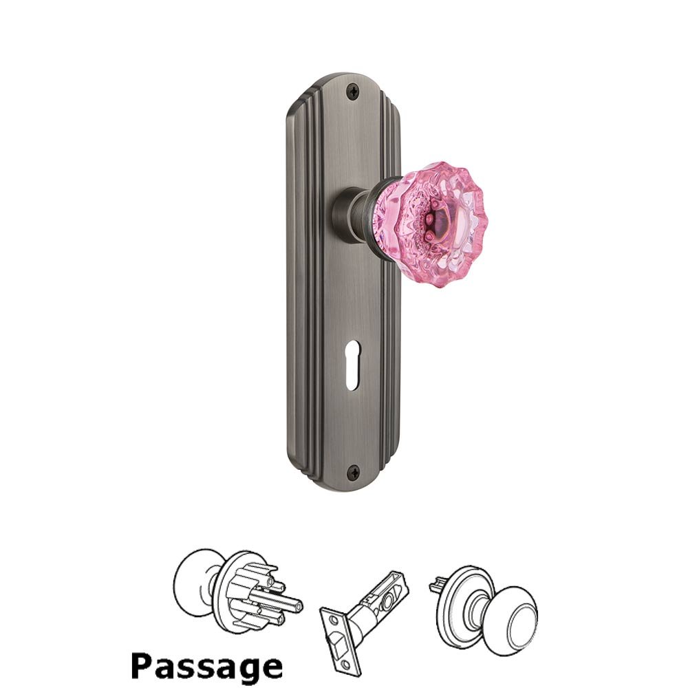 Nostalgic Warehouse - Passage - Deco Plate with Keyhole Crystal Pink Glass Door Knob in Antique Pewter