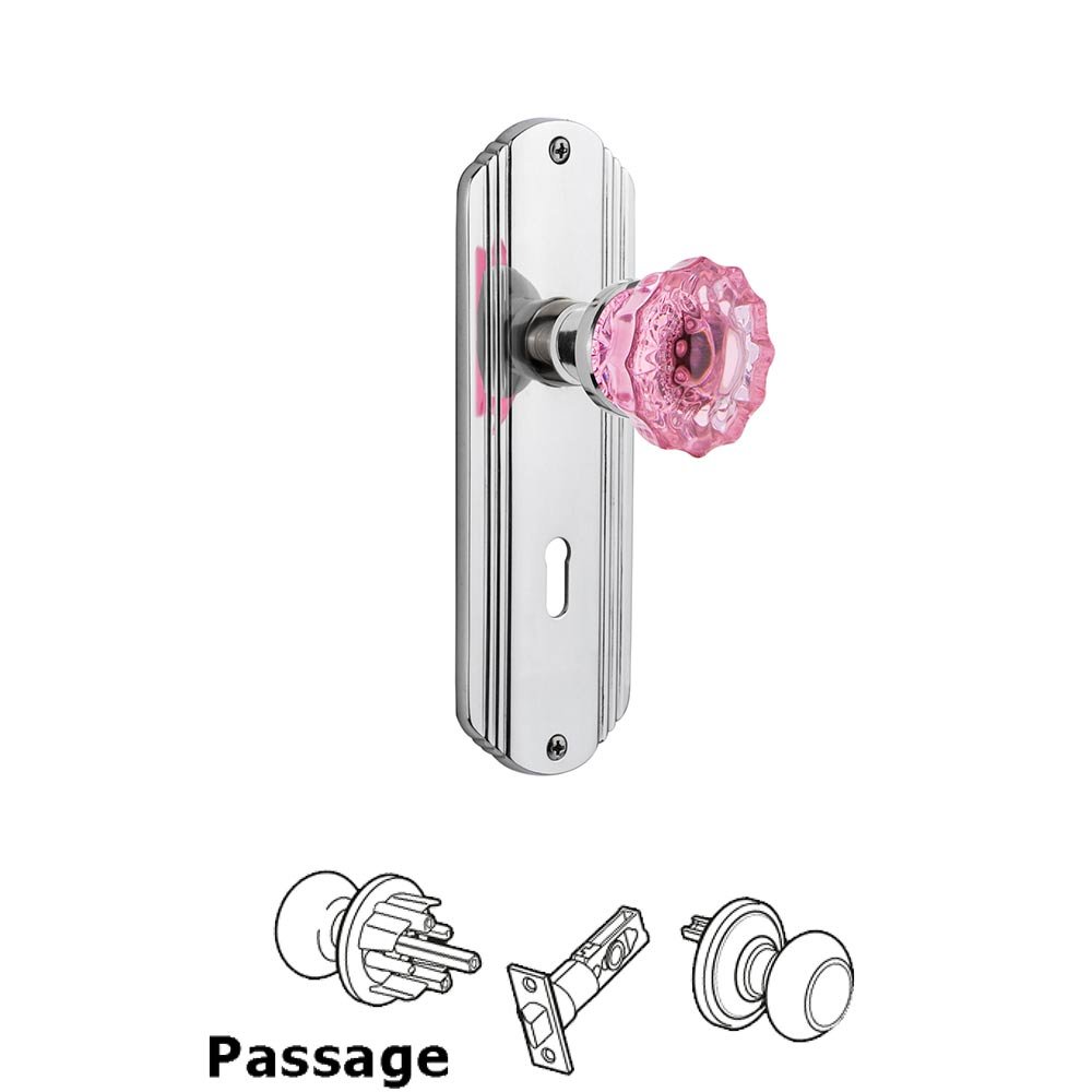 Nostalgic Warehouse - Passage - Deco Plate with Keyhole Crystal Pink Glass Door Knob in Bright Chrome