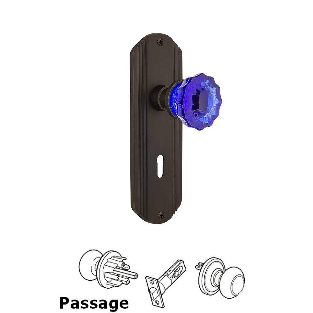 Nostalgic Warehouse - Passage - Deco Plate with Keyhole Crystal Cobalt Glass Door Knob in Oil-Rubbed Bronze