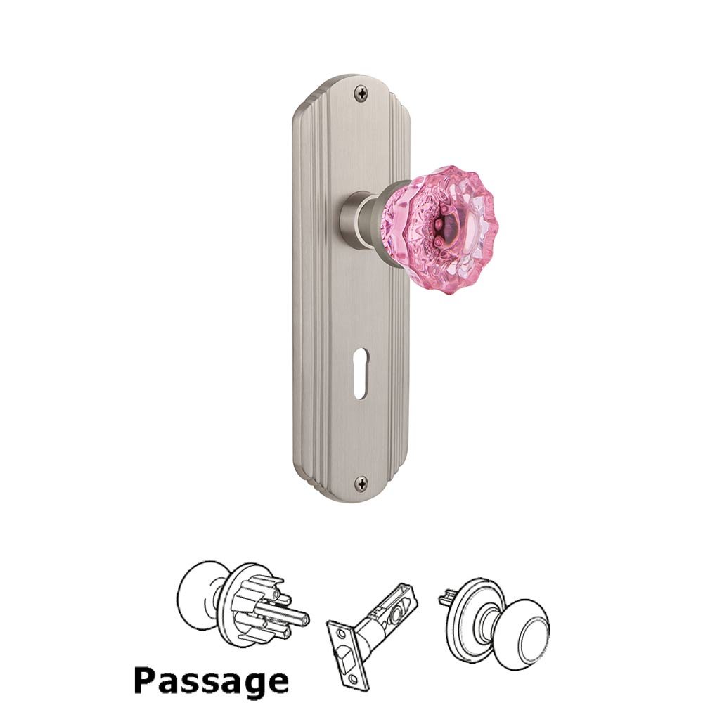 Nostalgic Warehouse - Passage - Deco Plate with Keyhole Crystal Pink Glass Door Knob in Satin Nickel