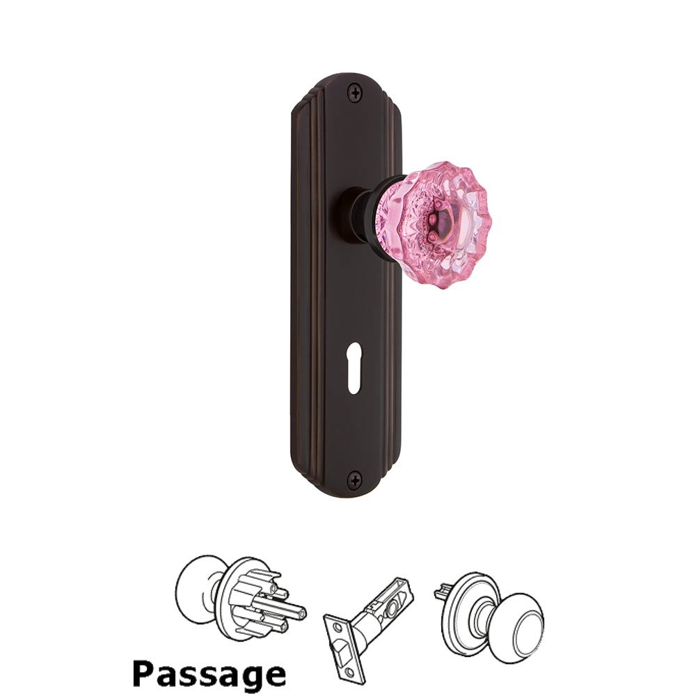 Nostalgic Warehouse - Passage - Deco Plate with Keyhole Crystal Pink Glass Door Knob in Timeless Bronze