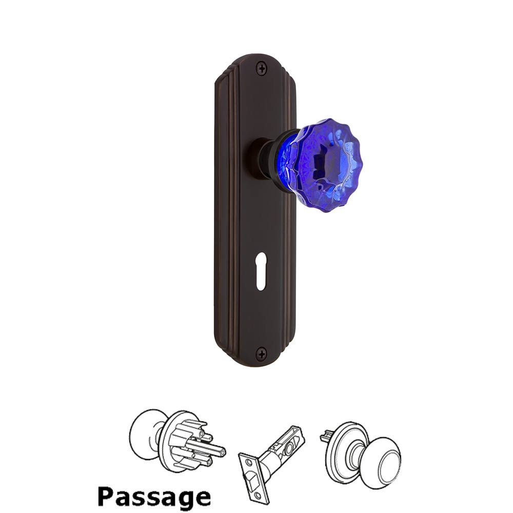 Nostalgic Warehouse - Passage - Deco Plate with Keyhole Crystal Cobalt Glass Door Knob in Timeless Bronze