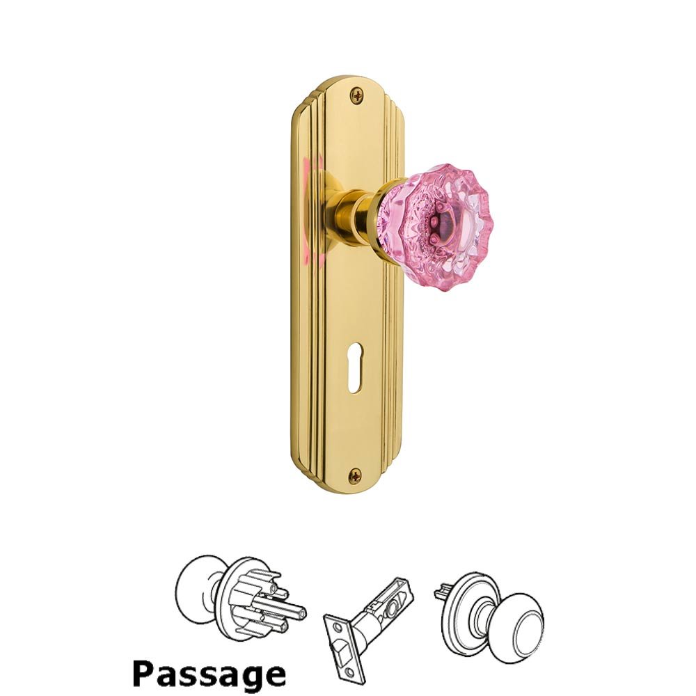 Nostalgic Warehouse - Passage - Deco Plate with Keyhole Crystal Pink Glass Door Knob in Unlaquered Brass