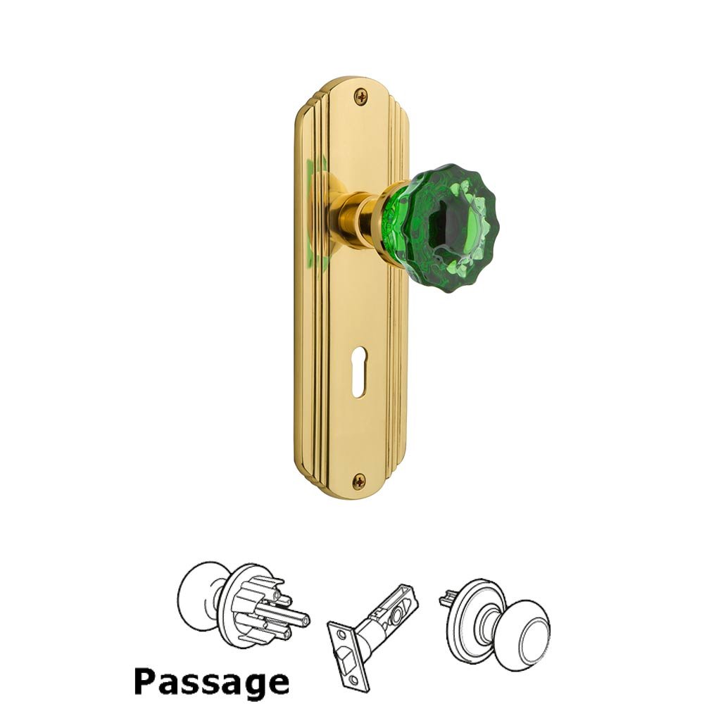 Nostalgic Warehouse - Passage - Deco Plate with Keyhole Crystal Emerald Glass Door Knob in Unlaquered Brass