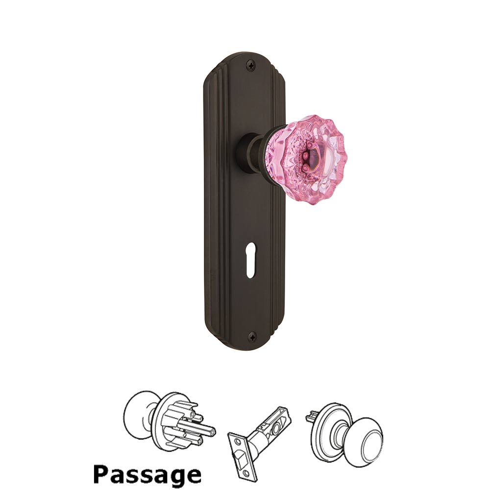 Nostalgic Warehouse - Passage - Deco Plate with Keyhole Crystal Pink Glass Door Knob in Oil-Rubbed Bronze