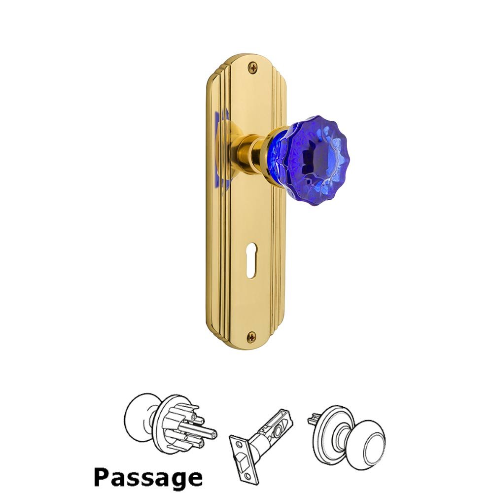 Nostalgic Warehouse - Passage - Deco Plate with Keyhole Crystal Cobalt Glass Door Knob in Polished Brass