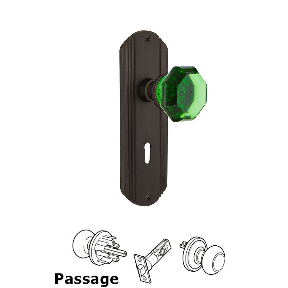 Nostalgic Warehouse - Passage - Deco Plate with Keyhole Waldorf Emerald Door Knob in Oil-Rubbed Bronze