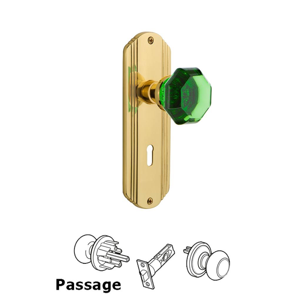 Nostalgic Warehouse - Passage - Deco Plate with Keyhole Waldorf Emerald Door Knob in Polished Brass