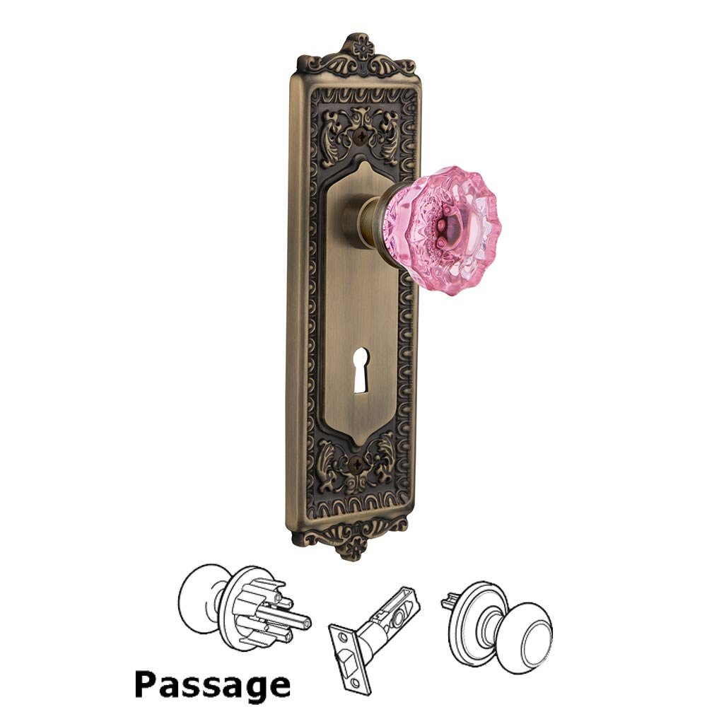 Nostalgic Warehouse - Passage - Egg & Dart Plate with Keyhole Crystal Pink Glass Door Knob in Antique Brass