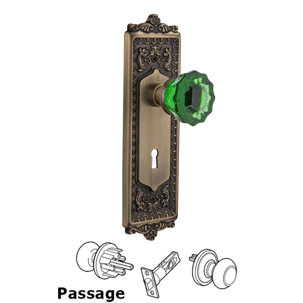 Nostalgic Warehouse - Passage - Egg & Dart Plate with Keyhole Crystal Emerald Glass Door Knob in Antique Brass