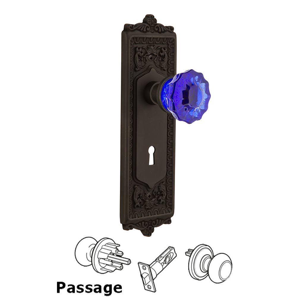 Nostalgic Warehouse - Passage - Egg & Dart Plate with Keyhole Crystal Cobalt Glass Door Knob in Oil-Rubbed Bronze