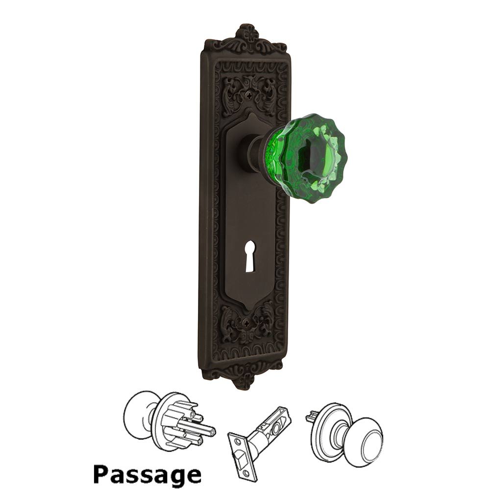 Nostalgic Warehouse - Passage - Egg & Dart Plate with Keyhole Crystal Emerald Glass Door Knob in Oil-Rubbed Bronze