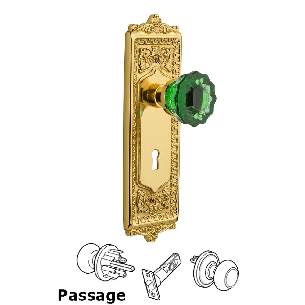 Nostalgic Warehouse - Passage - Egg & Dart Plate with Keyhole Crystal Emerald Glass Door Knob in Polished Brass